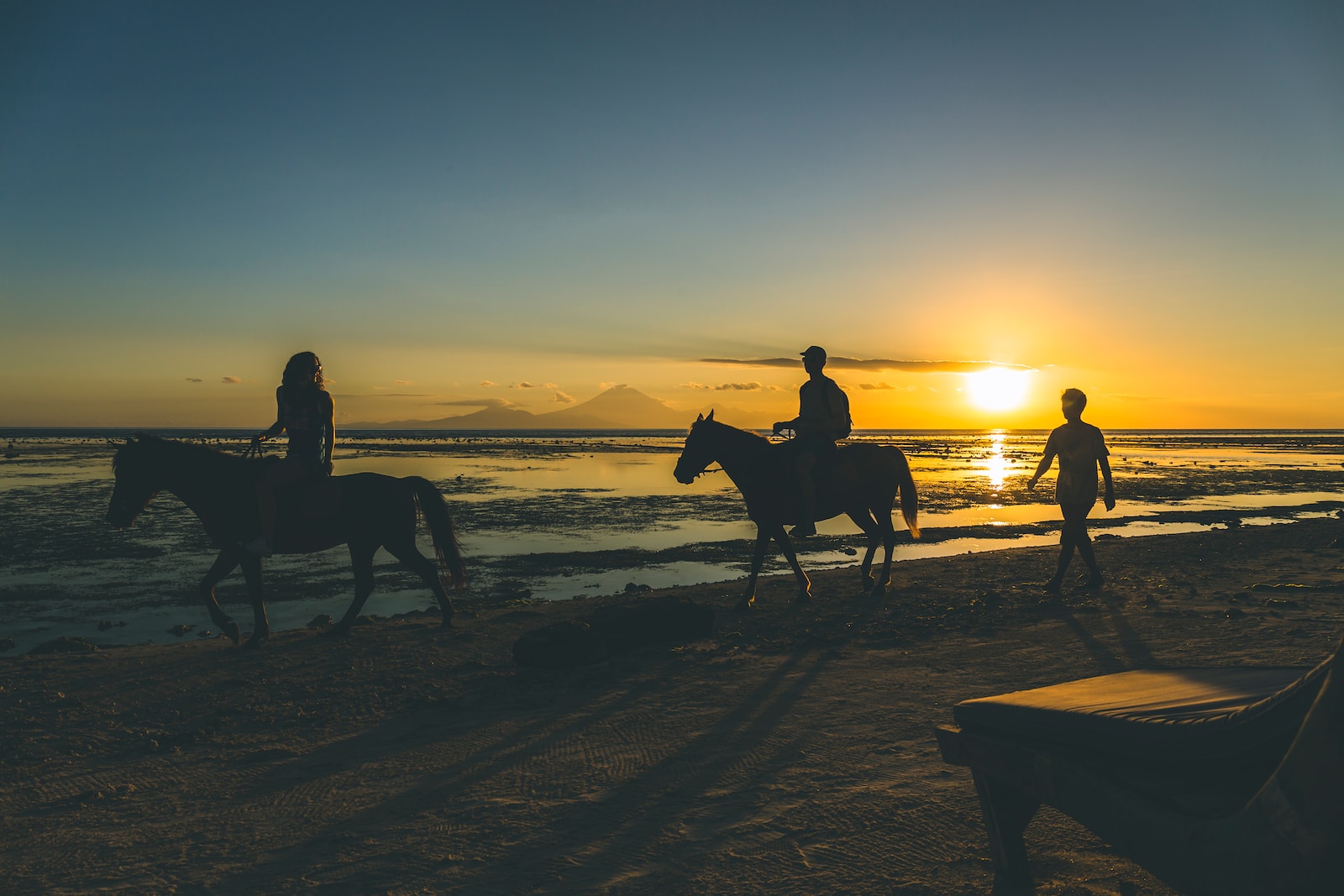 silhouette of 2 people riding horse on beach during sunset